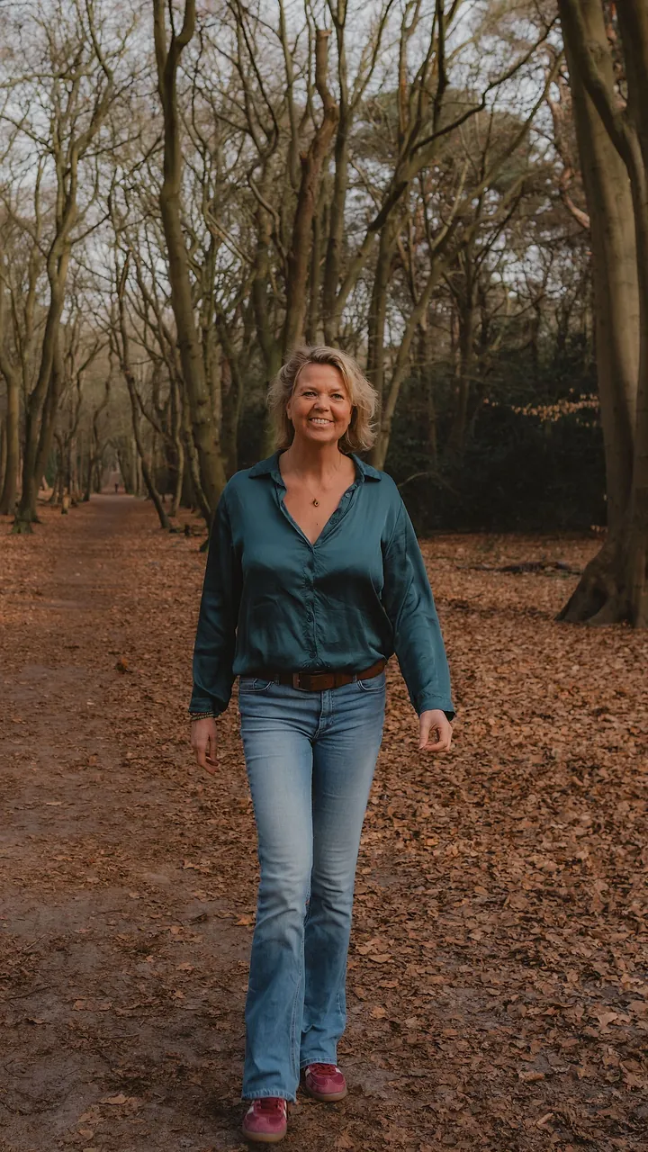 Marjon Ooteman lachend in het bos, in haar petrolblauwe blouse